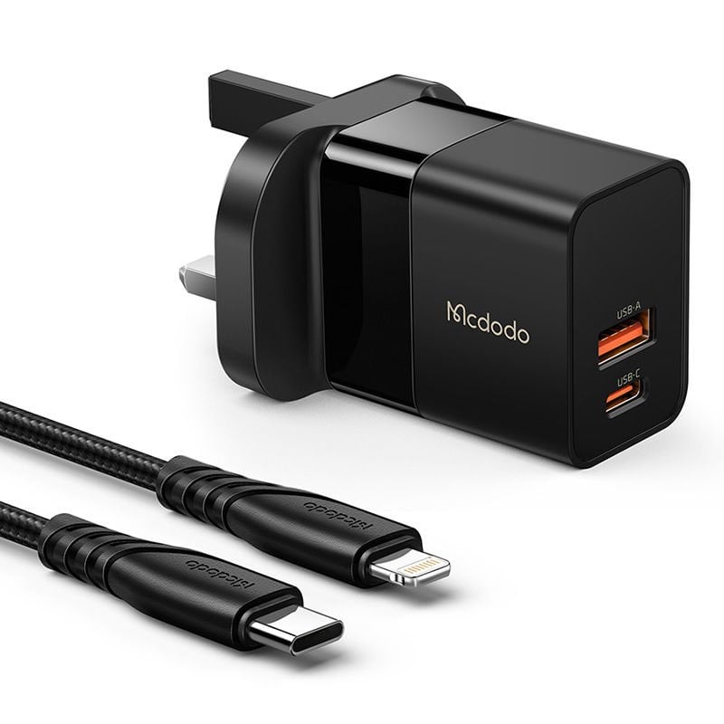 CH-1302 - 20W Dual  1 Type-C + 1 USB-A Ports Type-C to Lightning Kablolu Şarj Adaptörü UK