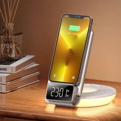 CH-1610 - Masa Başı Kablosuz Şarj Standı + Alarm + Gece Işığı