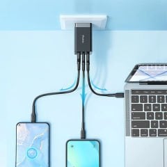 CH-1552 - 65W GaN 5 Dual  2 Type-C + 1 USB-A Ports Type-C to Type-C Kablolu Hızlı Şarj Adaptörü UK