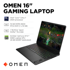 HP OMEN - 16'' 2K 144Hz Gaming Notebook, Intel Core Ultra 7 255H, 16GB RAM, NVIDIA GeForce RTX 5060, 1TB SSD